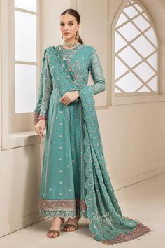 Elegant Sky Blue Embroidered Pakistani Long Frock Party Dress Pakistani Frocks, Pakistani Party Wear, Long Frock, Organza Sleeves, Eid Dresses, Elegant Attire, Luxe Wedding, Pakistani Dress, Long Frocks