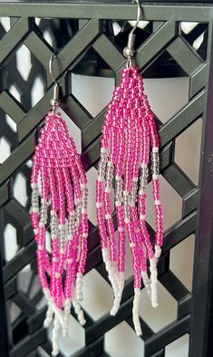 Dangly hot pink earrings in different shapes Pink Dangle Chandelier Earrings As Gift, Pink Hoop Earrings With Dangling Beads For Gift, Pink Beaded Crystal Drop Earrings, Adjustable Pink Teardrop Beaded Earrings, Pink Beaded Drop Crystal Earrings, Trendy Pink Beaded Earrings With Round Beads, Trendy Pink Beaded Earrings, Pink Beaded Drop Earrings, Pink Beaded Teardrop Jewelry