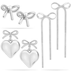 PRICES MAY VARY. Bow Earrings Set:You will get 3 pairs styles of bow earring with copper electroplated 925 sterling silver earrings.Chosen from the different designs such as silver or gold long chain bow dangle drop tassel earrings,dainty bow earrings, heart dangle bow earrings,pearl dangle pink ribbon bow earrings and beaded fringe earrings etc.They have a nice weight and look very elegant,perfect accessory add a touch of sophistication to any outfit or makeup with these dainty and cute bow ear Bow Earring, Valentine Gifts Jewelry, Earrings For Wedding, Resin Pearl, Valentine Jewelry, Earrings Heart, Wedding Accessories Jewelry, Silver Bow, Earrings Pearl