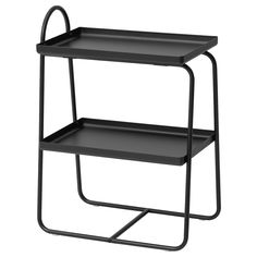 two tiered black metal shelf with wheels on the bottom and one shelf below it