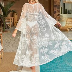 F00163584-100 Maxi Length Beachwear Cover-up For Brunch, White Sheer Beachwear Cover-up, White Breezy Cover-up For Vacation, Flowy Boho Dress With Lace Trim For Beach, White Flowy Cover-up For Vacation, Long White Cover-up For Vacation, White Long Cover-up For Beach Season, White Cover-up For Brunch During Beach Season, Chic Lace Trim Beach Cover-up