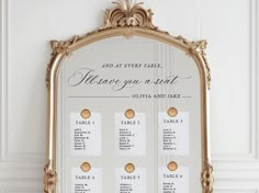 a gold framed mirror with seating cards attached to the front and back of it that says, where you're at