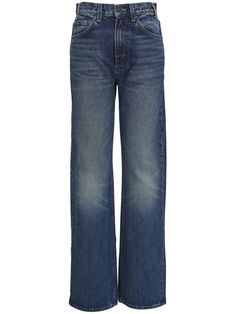 blue cotton denim stonewashed straight leg mid-rise whiskering effect classic five pockets Yoko London, Nili Lotan, City Dress, Summer Beach Wear, Mid Rise Jeans, Ski Wear, Wide Leg Jeans, Jacket Tops, Straight Jeans