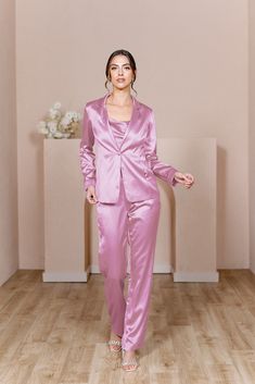 Model: Lindsey; Size: 4 Glamorous Spring Wedding Blazer, Glamorous Tailored Wedding Suits, Fitted Satin Set For Wedding Night, Formal Pink Satin Bottoms, Chic Satin Sets For Night Out, Elegant Satin Sets With Long Pants, Glamorous Satin Pants For Formal Occasions, Chic Satin Evening Suits, Glamorous Satin Formal Pants