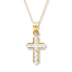 Styled in 14K yellow gold, a beaded edge borders a textured cross with a white rhodium flash in this gorgeous necklace for her. The pendant swings from an 18-inch rope chain secured with a spring ring clasp. White Cross Necklace With Medium-length Chain, White Diamond Cut Pendant Cross Necklace, White Diamond-cut Pendant Cross Necklace, White 14k Gold Cross Pendant Necklace, Beaded Edge, Gold Stock, Jewelry Advice, White Necklace, Accessories Jewelry Necklace