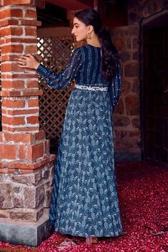 Midnight blue anarkali with attached draped dupatta in play print and sleeves embellished with drop pearls. Paired with pearls, sequins, cutdana and beads embroidered belt. - Aza Fashions Blue Semi-stitched Maxi Kurta, Designer Blue Dresses With Printed Motifs, Festive Blue Choli With Printed Motifs, Traditional Blue Lehenga With Printed Motifs, Blue Floor-length Georgette Kurta, Blue Maxi Length Kurta With Pallu, Blue Straight Kurta Dress For Transitional Season, Blue Straight Kurta Dress, Blue Maxi Length Kurta For Reception