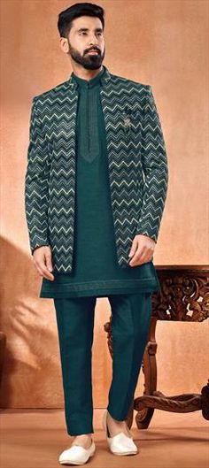 Green color Jodhpuri Suit in Banarasi Silk fabric with Embroidered, Thread work Designer Multicolor Chanderi Sherwani, Multicolor Chanderi Sherwani For Designer Wear, Green Chanderi Bandhgala With Traditional Drape, Designer Multicolor Bandhgala With Chikankari Embroidery, Multicolor Sherwani With Resham Embroidery In Chanderi Fabric, Multicolor Chanderi Sherwani For Eid, Multicolor Chikankari Embroidery Bandhgala For Diwali, Festive Multicolor Bandhgala With Chikankari Embroidery, Multicolor Chikankari Bandhgala For Diwali