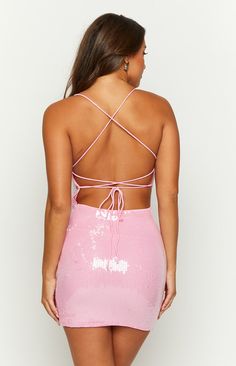 Tao Pink Sequin Lace Up Mini Dress – Beginning Boutique US Fitted Pink Mini Dress With Contrast Sequin, Pink Sequined Mini Dress With Fitted Bodice, Glamorous Pink Sparkling Mini Dress, Pink Sequin Mini Dress With Spaghetti Straps, Pink Sequined Bodycon Mini Dress, Cute Shoulder Bag, Hoco Ideas, Simple Jewellery, Lace Up Dress