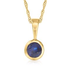 Ross-Simons - .28 Carat Sapphire Pendant Necklace in 14kt Yellow Gold. 18". RS Pure. Modern designs that complete your outfit and complement your personality. Sophisticated and simple, this dainty necklace features a .28 carat sapphire pendant on a small rope chain. Springring clasp, sapphire pendant necklace. Sapphire birthstones are the perfect gift for September birthdays. Classic Birthstone Necklace With Delicate Chain For Formal Events, Elegant Polished Birthstone Necklace, Formal 14k Gold Pendant Birthstone Necklace, Formal Yellow Gold Necklace With Birthstone, Formal Yellow Gold Necklaces With Birthstone, Classic Yellow Gold Solitaire Necklace With Gemstone, Yellow Gold Birthstone Necklace With Delicate Chain For Formal, 14k Gold Pendant Birthstone Necklace For Formal Occasions, Formal Round Birthstone Necklace In Fine Jewelry Style