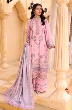 Luxury Tea Pink Embroidered Pakistani Salwar Kameez Dupatta Salwar Suit is a gorgeous dress is adorned with meticulously floral embroidery with a printed dupatta and it is paired with the same color salwar. The beautiful crochet lace on the neckline border, daman, and sleeves portray a glamorous look. Purple Work, Luxury Tea, Lawn Dresses, Cultural Fashion, Pakistani Salwar, Dress Salwar Kameez, Indian Salwar Kameez, Lawn Dress, Pakistani Salwar Kameez