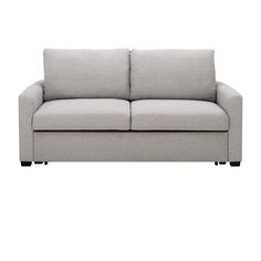 a light gray couch with two pillows on it's back and one arm facing the camera