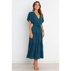 Petal and Pup Barker Dress - Teal S Summer Midi V-neck Dress With Tie Waist, V-neck Midi Dress With Tie Waist For Party, Summer V-neck Belted Midi Dress, Solid Color Surplice Neckline Dress For Brunch, Blue V-neck Wrap Dress With Ruffles, Fall V-neck Midi Dress With Tie Waist, Chic Short Sleeve V-neck Dress For Brunch, Solid Color Belted V-neck Midi Dress, Belted Midi Dress With V-neck