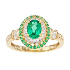 Make a grand entrance wearing this stunning lab-created emerald and white sapphire halo ring. Width: 19 mm Metal: sterling silver Plating: 14k gold Finish: polished Packaging: boxed STONE DETAILS Stone type: lab-created emerald, lab-created white sapphire Total weight: 1 1/3 ct. Center stone weight: 3/4 ct. Center stone size: 7 mm x 5 mm Shape: oval, round Setting: prong Gift Givers: This item ships in its original packaging. If intended as a gift, the packaging may reveal the contents. Gemstone Oval Halo Ring, Stone Types, Pink Morganite Ring, Sapphire Halo Ring, Silver Lab, Lab Created Emerald, Pink Round, Pink Morganite, Morganite Ring