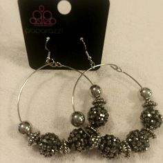 3 For $12 Nickel Free Adjustable Hoop Earrings For Party, Nickel-free Hoop Earrings For Party, Nickel-free Metal Hoop Earrings For Party, Gray Dangle Jewelry For Party, Gray Dangling Jewelry For Parties, Trendy Silver Hoop Earrings For Party, Silver Bling Hoop Earrings For Gift, Adjustable Silver Hoop Earrings For Party, Silver Bling Hoop Earrings As Gift