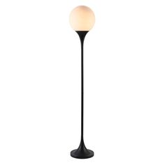 a black floor lamp with a white ball on it's top and one light bulb at the base