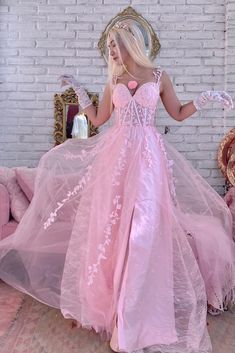 Hot pink lace appliques tulle A-line long formal gown. It features flexible straps pulled as off the shoulder. See sheer bodice with lace appliques. Long Formal Gowns, Chiffon Material, Formal Gown, Lace Applique, Formal Gowns, Pink Lace, Appliques, Pink Color, Custom Color