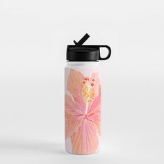 a water bottle with a pink flower on it