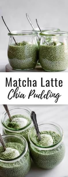 matcha latte chia pudding in glass jars with spoons on the side