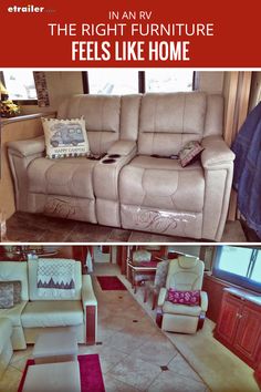 the inside and outside of an rv with furniture in it, including two recliners