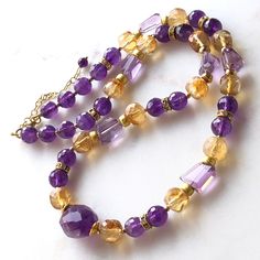 "7265 7266 Amethyst Citrine Necklace gold accents purple yellow natural gemstones bohemian statement modern choker birthday anniversary Christmas holiday gift for her women mom wife girlfriend daughter sister niece aunt grandmother cousin best friend colleague. Enjoy the beauty & power of natural stones.  This listing is for the NECKLACE only   EARRINGS shown for demo and listed separately at  https://www.etsy.com/ca/listing/1622911089/amethyst-citrine-earrings-gold-filled?click_key=d95b374f2fb3 Cousin Best Friend, Beads Long Necklace, Citrine Earrings, Citrine Necklace, Yellow And Purple, Boho Luxe, Bead Caps, Inspired Outfits, Boho Necklace