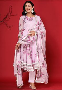 Faux Chiffon Pakistani Suit in Light Purple This Readymade attire is Enhanced with Digital, Floral Print and Gota Lace Work. Crafted in Round Neck and Quarter Sleeve Available with a Poly Cotton Pant and a Faux Chiffon Dupatta in Light Purple The Kameez and Bottom Lengths are 45 and 39 inches respectively Do note: Accessories shown in the image are for presentation purposes only and length may vary upto 2 inches.(Slight variation in actual color vs. image is possible). Pink Floral Print Palazzo Set For Wedding, Elegant Floral Print Palazzo Set For Party, Long Sleeve Georgette Sets With Floral Print, Long Sleeve Floral Print Georgette Sets, Elegant Georgette Palazzo Set With Floral Print, Floral Print Georgette Anarkali Set For Party, Floral Georgette Anarkali Set For Party, Party Wear Floral Anarkali Set In Georgette, Party Floral Georgette Anarkali Set