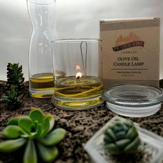 a candle and some plants are on a table next to an empty glass bottle with oil in it