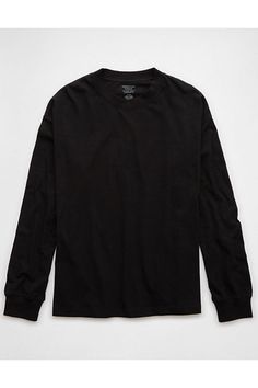 Lightweight cotton jersey/Crew neck/Ribbed collar & cuffs/Straight hem/This shirt is Real Good: Made with the planet in mind & a promise to continue to do better. Black Crew Neck T-shirt With Ribbed Neckline, Black Long Sleeve Everyday T-shirt, Black Solid Crew Neck T-shirt, Black Ribbed Long Sleeve T-shirt, Black Long Sleeve Collegiate T-shirt, Collar And Cuff, American Eagle Outfitters, American Eagle, Long Sleeve Tshirt