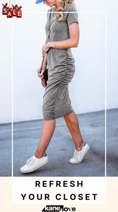 O Neck Short Sleeve Dress Casual Knee-length Bodycon Dress For Date Night, Casual Solid Color Bodycon Dress For Fall, Casual Stretch Ruched Dresses, Casual Ruched Midi Dress, Casual Ruched Stretch Dresses, Casual Knee-length Bodycon Dress, Casual Bodycon Midi Dress For Fall, Gray Stretch Bodycon Dress For Spring, Casual Mid-length Bodycon Dress