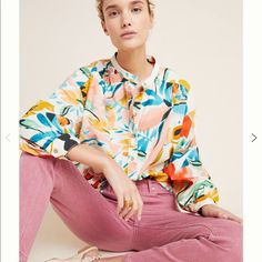 Anthropologie Cheery Floral Print. 100% Cotton Poplin. Machine Wash. Button Down Orange Button Up Shirt Outfit, Button Up Shirt Outfit, Byron Lars, Womens Clothing Patterns, Spring Prints, Poplin Top, Anthropologie Top, Bohemian Clothes, Design Fashion