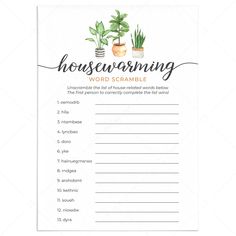 Housewarming Word Scramble with Answer Key Printable by LittleSizzle Housewarming Games Printable, House Warming Games, Housewarming Party Themes, Housewarming Party Games, Scavenger Hunt Template, Housewarming Games, Home Party Games, Scramble Game, Baby Shower Wishes