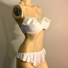 Sexy Bikini Set By Jessica Simpson Features A Unique And Flattering Ruffle Front Moderate Coverage Back Bikini Brief And A Ruffled Strapless Bra With Pads And Optional Halter Strap. New In Package Retail$92 2 Sets 1-L 1-L Top M Bottom Fitted Underwire Swimwear With Ruffles, Fitted Underwire Ruffle Swimwear, Fitted Ruffled Underwire Swimwear, White Bandeau Swimwear With Built-in Bra, Summer Swimwear With Ruffles And Underwire, Flirty Lined Swimwear For Beach, Chic Strapless Ruffled Swimwear, Flirty Party Swimwear With Ruffles, Elegant White Bandeau Swimwear