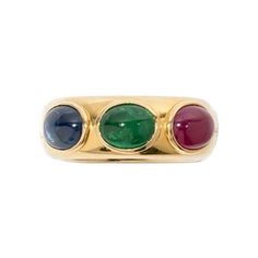 Bandring Mit Rubin, Saphir Und Smaragd-cabochon, 750 Gelbgold Ring With Ruby, Emerald Cabochon, Yellow Gold Cocktail Ring, Retro Band, White Gold Set, Gold Cocktail Ring, Ruby Earrings, Gold Band Ring, Wide Band Rings