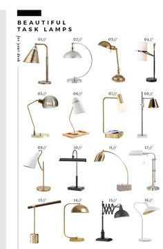 the different types of desk lamps are shown in this image, and each lamp has its own