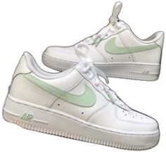 White Air Force 1s, Pastel Sage Green, White Air Forces, Green Construction, Air Force 1s, Custom Kicks, Custom Air Force 1, Leather Paint, Nike Brand