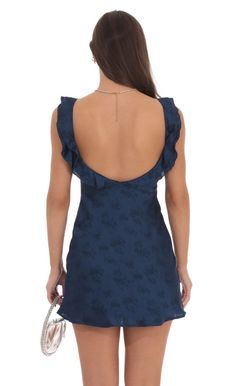 Satin Floral Open Back Slip Dress in Navy | LUCY IN THE SKY Navy Short Dress, Navy Blue Mini Dress, Brunch Dress, Lucy In The Sky, Sorority Outfits, Winter Formal, Jacquard Dress, Blue Mini Dress, Mini Dress Casual