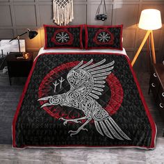 Viking Quilt Bed Set - Raven and Rune - Viking Quilt Bedding Set RLT12 Viking Inspired Home, Viking Quilt, Viking Bed, Quilt Bedding Sets, Vikings Gifts, Quilt Bed, Doll Quilt, Biker Boots, Quilt Sets Bedding