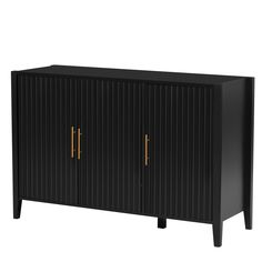 a black cabinet with two doors and gold handles on the front, against a white background