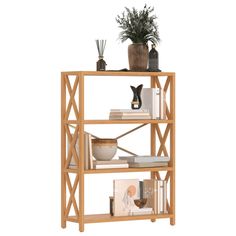 a wooden shelf with books and plants on top