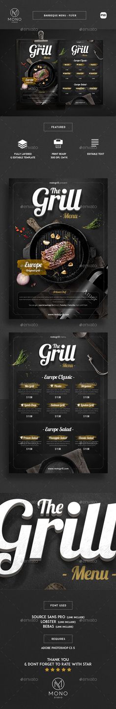 the grill menu is shown in black and white