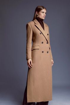 Italian Wool Maxi Double Breasted Tailored Coat Timeless Wool Coat With Double Button Closure For Office, Elegant Wool Coat With Pockets, Timeless Long Pea Coat With Double Button Closure, Luxury Double-breasted Wool Coat With Buttons, Luxury Fitted Wool Coat With Double-breasted Buttons, Timeless Long Coat With Buttons, Classic Long Outerwear With Double Button Closure, Elegant Structured Pea Coat With Button Closure, Structured Double-breasted Wool Coat