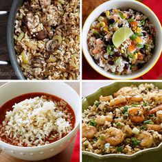 four different pictures of food including rice, shrimp and vegetables