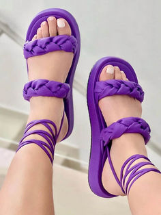 DETAILS Braided Double strap Lace-up Flat heel Sandals With Straps, Door Shoes, Summer Dresses Shoes, Purple Sandals, Gladiator Shoes, Elegante Y Chic, Lace Sandals, Double Strap Sandals, Modern Sandals