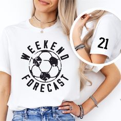 Distressed Weekend Forecast Soccer design customized with your players number on the sleeve on Bella Canvas UNISEX tshirt.  Please see size chart in the photos. **Turnaround time is up to 5-7 business days** Please note since all items are handmade, graphic placement may vary slightly. Please see our Policies: https://www.etsy.com/shop/SewBerryCuteBoutique#policies Production: We use only high quality blanks.   ||CARE INSTRUCTIONS|| *Turn inside out for protection. Wash in cold water. *Light dry White T-shirt For Football Season, Team Spirit, Soccer Shirt Ideas, Soccer Design, We Are Closed, Tag Us On Instagram, Soccer Fan, Soccer Shirt, Soccer Mom, Soccer Shirts