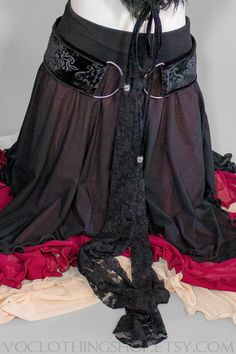 "** NEW ITEM ** BLACK EMBOSSED VELVET tie-front hip belt with BLACK VELVET TRIM, big gunmetal d-rings, extra long lace scarf, and heavy duty corset elastic backing. 100% handmade and animal friendly! WINE + CHAMPAGNE OMBRÉ SKIRT: https://www.etsy.com/listing/875709715/ SIZES + BELT LENGTHS: XS :: 29\" S :: 32\" M :: 35\" L :: 38\" XL :: 41\" XXL (2X) :: 45\" FOR AN IDEAL FIT, your belt length should measure a few inches smaller than your full hips: the widest part of your lower body. All orders Gothic Fitted Corset Belt With Belt Loops, Gothic Adjustable Corset Belt With Belt Loops, Black Fitted Lace Corset Belt, Adjustable Gothic Corset Belt, Black Lace Gothic Corset Belt, Velvet Trim, Lace Scarf, Layered Skirt, Lower Body