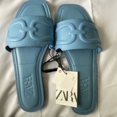 Leather Sandals Zara Priced As Marked Zara Shoes Women 2022, Light Blue Open Toe Sandals For Summer, Blue Sandals With Removable Insole For Vacation, Blue Leather Sandals For Vacation, Blue Leather Vacation Sandals, Light Blue Flat Summer Sandals, Trendy Light Blue Open Toe Sandals, Blue Flat Heel Mules For Summer, Blue Flat Heel Summer Mules