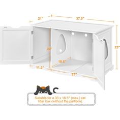 an open cabinet with measurements for the door and side panels on each side is shown