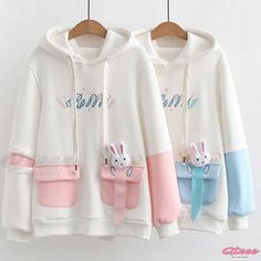 Qteee - Exquisite Rabbit Embroidery Hoodie with Letter Detailing and Functional Pocket Cute Cotton Hoodie With Kangaroo Pocket, Cute Hoodie With Pockets For Winter, Cute Winter Hoodie With Pockets, Cute Hooded Cotton Sweater, Cute Long Sleeve Hoodie With Kangaroo Pocket, Cute Hoodie With Kangaroo Pocket, Spring Cotton Kawaii Hoodie, Cute White Long Sleeve Sweatshirt, White Kawaii Hoodie Sweatshirt