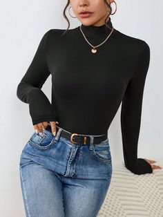 Negro Casual Collar manga larga Tela tejida Liso  Embellished Estiramiento medio Black T Shirt Long Sleeve Woman, Black Ribbed Long Sleeve Crew Neck Top, Black Long Sleeve T-shirt With Ribbed Cuffs, Stretch Long Sleeve T-shirt With Ribbed Neckline, Stretch Long Sleeve T-shirt With Thumbholes, Long Sleeve Knit, Mock Neck, All Fashion, Knitted Fabric