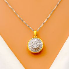 This Unique Round Diamond + 18k Gold Pendant, weighing 1.40 grams, is a beautifully crafted piece that radiates elegance and luxury. Made from 18k yellow gold, it features a polished finish that perfectly complements the diamond centerpiece. The pendant is adorned with a 0.47ct diamond of G-H color and VS quality, offering a brilliant and captivating sparkle. With a pendant length of 0.6 inches, it's a versatile and eye-catching piece, ideal for adding a touch of sophistication to any ensemble. Fine Jewelry Yellow Gold Necklace With Baguette Diamonds, Diamond White Gold Plated Fine Jewelry Necklace, Timeless Gold Diamond Necklace With Polished Finish, Elegant Gold Diamond Necklace, Baguette Cut, Elegant Gold Diamond Necklace With Baguette Cut, Gold Diamond Necklace Baguette Cut As Gift, Silver Diamond Cut Necklace Gold Plated, Gold Baguette Cut Diamond Necklace Gift, Baguette Cut Yellow Gold Diamond Wedding Necklace