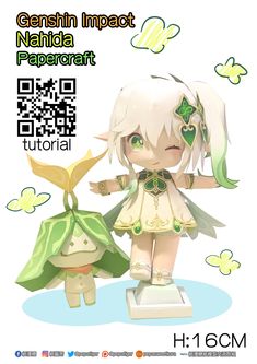 an anime character is standing next to a papercraft doll with green hair and white hair